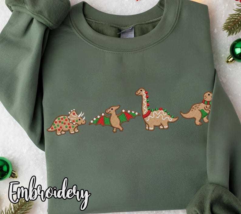 Embroidered Gingerbread Dinosaur Christmas Sweatshirt Hoodie Holiday Dino Lovers Crewneck 1764037820532.jpg
