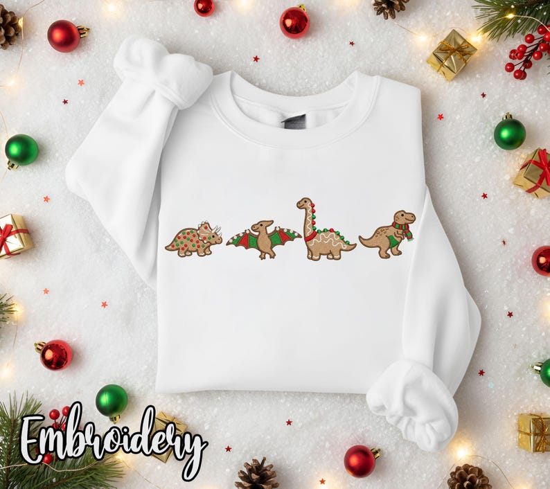 Embroidered Gingerbread Dinosaur Christmas Sweatshirt Hoodie Holiday Dino Lovers Crewneck 1764037820536.jpg