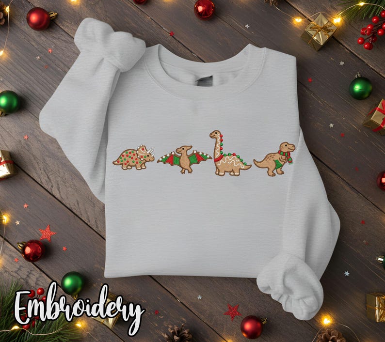 Embroidered Gingerbread Dinosaur Christmas Sweatshirt Hoodie Holiday Dino Lovers Crewneck 1764037820566.jpg
