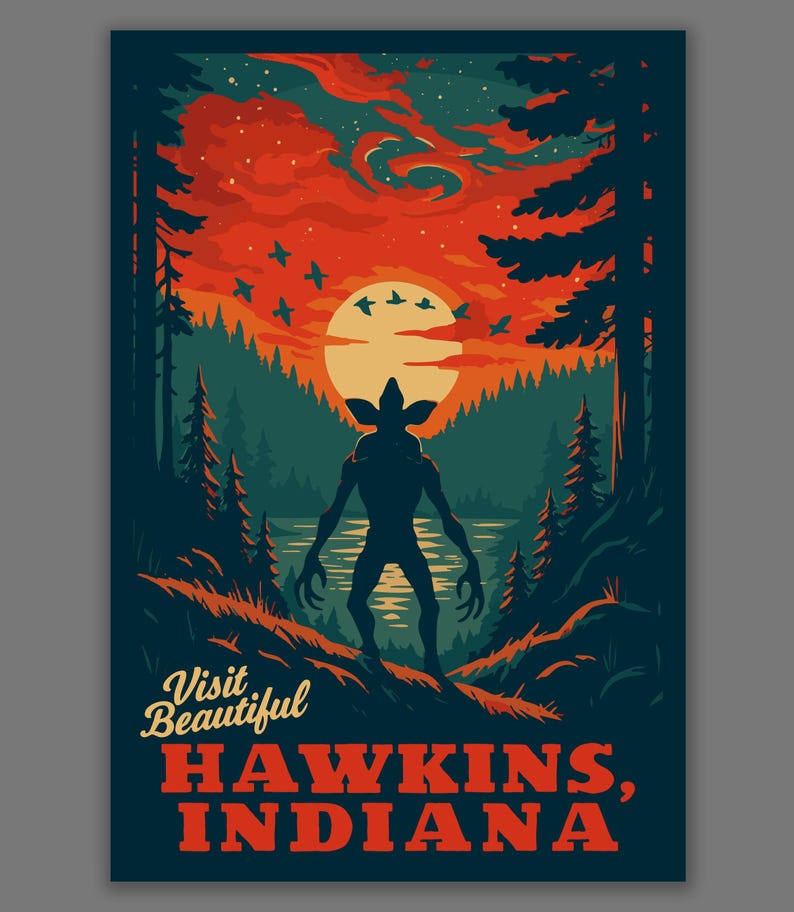 Visit Beautiful Hawkins  Indiana  National Park Style Vintage Wpa Travel Art  Stranger Things Fan Art Satire 1764125827557.jpg