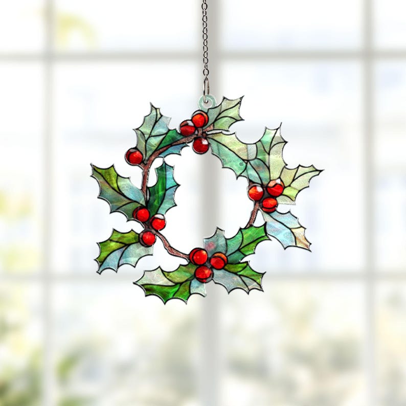 Christmas Holly Wreath Suncatcher Stained Glass Style Acrylic Window Decor Holiday Sun Catcher Winter Home Decoration Gift 1764574119371.jpg