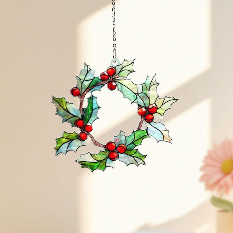 Christmas Holly Wreath Suncatcher Stained Glass Style Acrylic Window Decor Holiday Sun Catcher Winter Home Decoration Gift 1764574119491.jpg