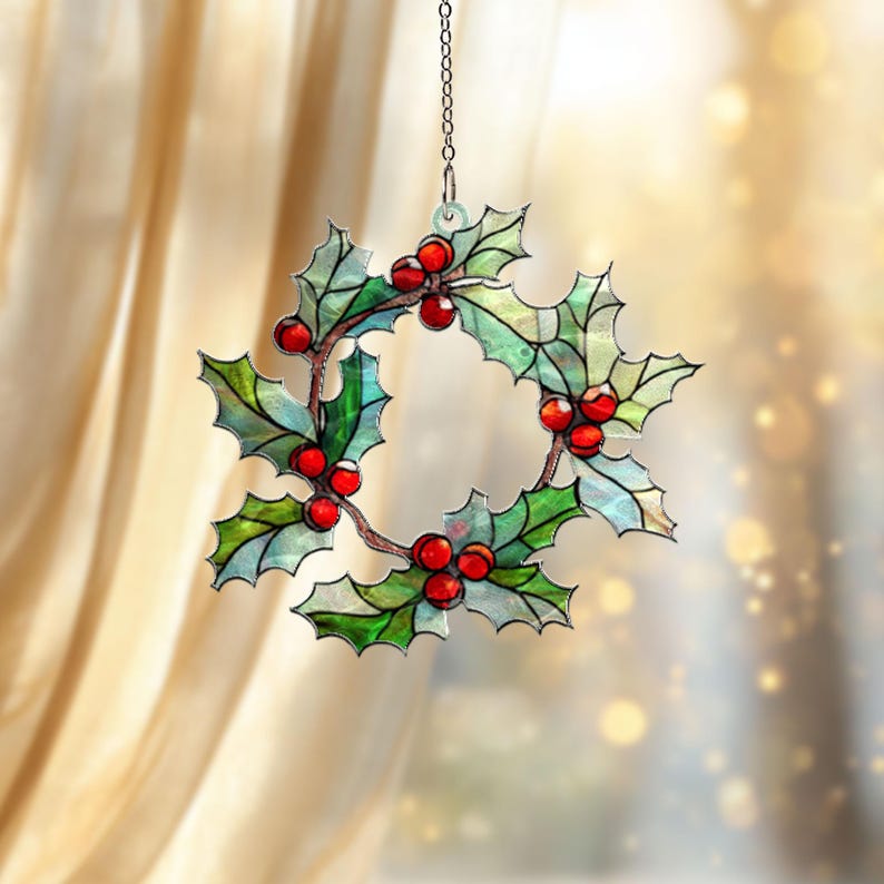 Christmas Holly Wreath Suncatcher Stained Glass Style Acrylic Window Decor Holiday Sun Catcher Winter Home Decoration Gift 1764574119588.jpg