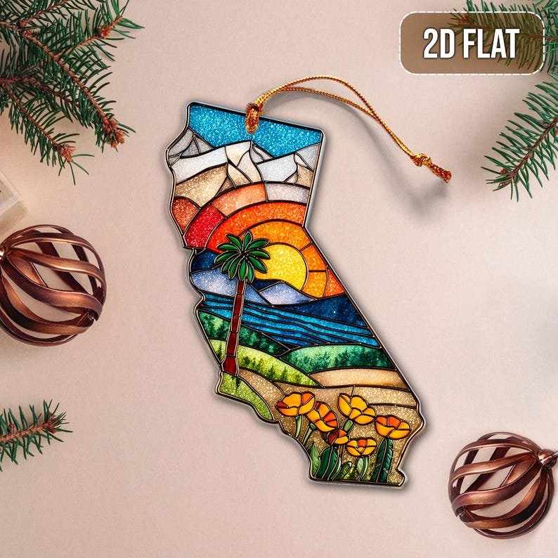 California Faux Stained Glass Acrylic Ornament 2d Flat Ornament State Map Decor California Gift Travel Souvenir Christmas Ornament 1764647079124.jpg