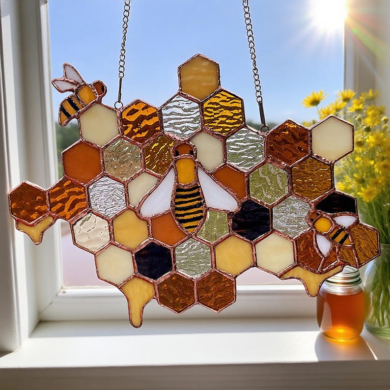 Stained Glass Beehive Suncatcher Handmade Honeycomb Window Hanging Bee Lover Gift Nature Inspired Glass Home Decor 1764753037342.jpg