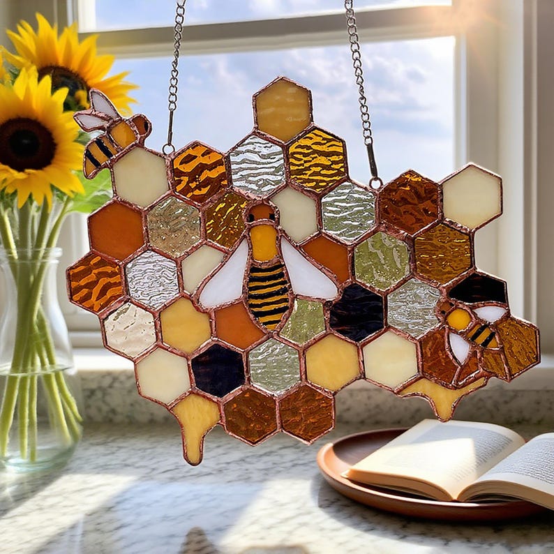 Stained Glass Beehive Suncatcher Handmade Honeycomb Window Hanging Bee Lover Gift Nature Inspired Glass Home Decor 1764753037867.jpg