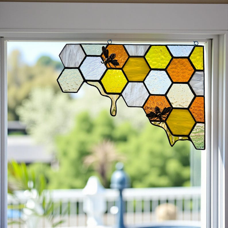 Honeycomb Corner Stained Glass Beehive And Bee Decor Beekeeper Gift 1764832566647.jpg