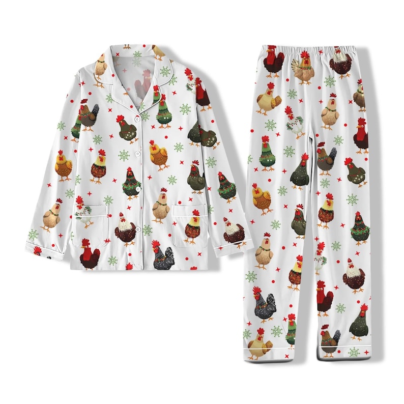 Cute Christmas Chickens Pajamas Christmas Farmer Pajamas Chicken Christmas Pajamas Pants Long Sleeve Pajamas Button Down Pajamas 1764840884378.jpg