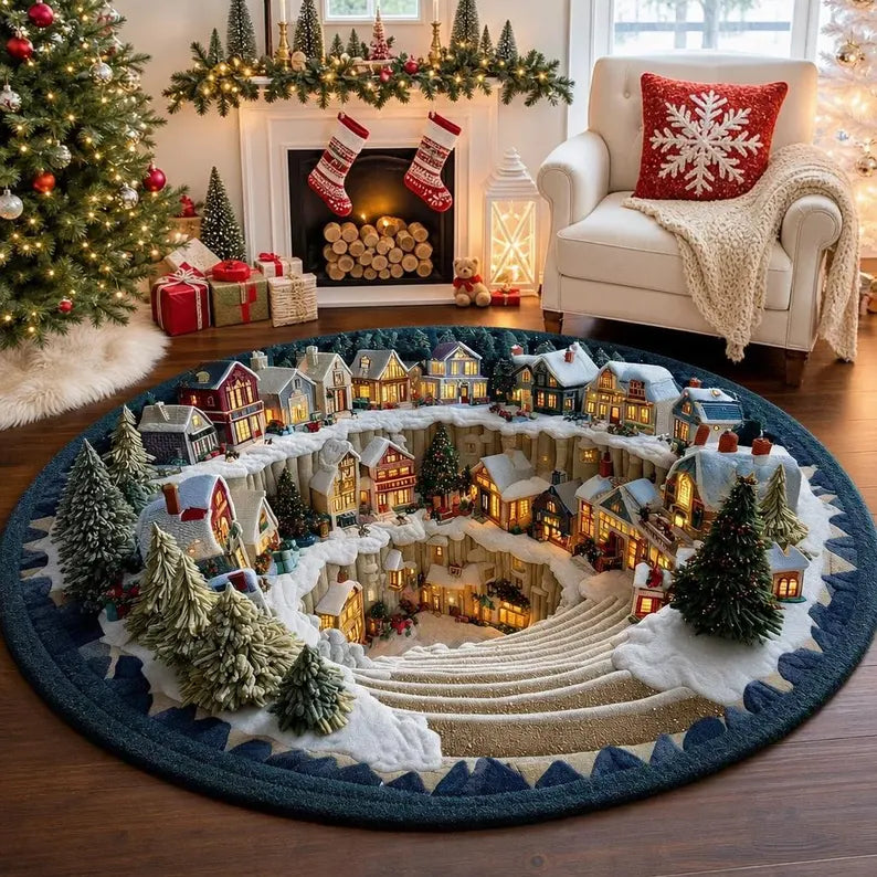 Snow Town Spiral Staircase 3D Round Rug, Christmas Snowy Village Vortex Optical Illusion Floor Mat, Non Slip Xmas Decor, Christmas Gift 17675016-4f3a-4461-a896-b47d41ae020c-fghhhg-3-.webp