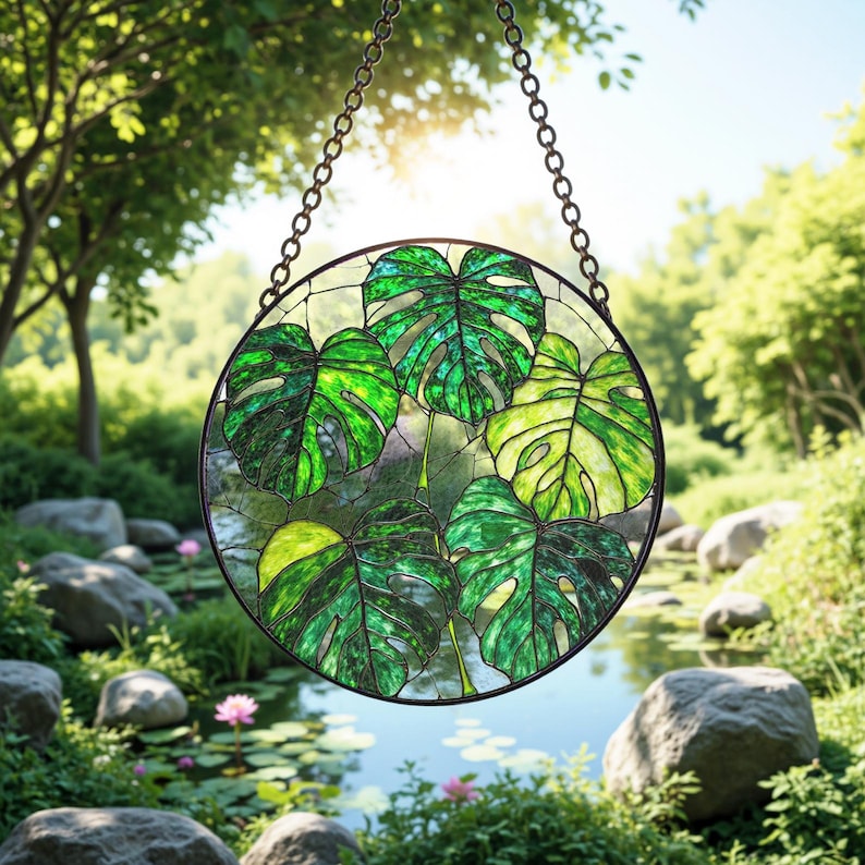 Monstera Plant Stained Glass Suncatcher Set  Tropical Window Decor Plant Mom Gift Light Catching Yard Art Boho Home Decor 1769764932642.jpg
