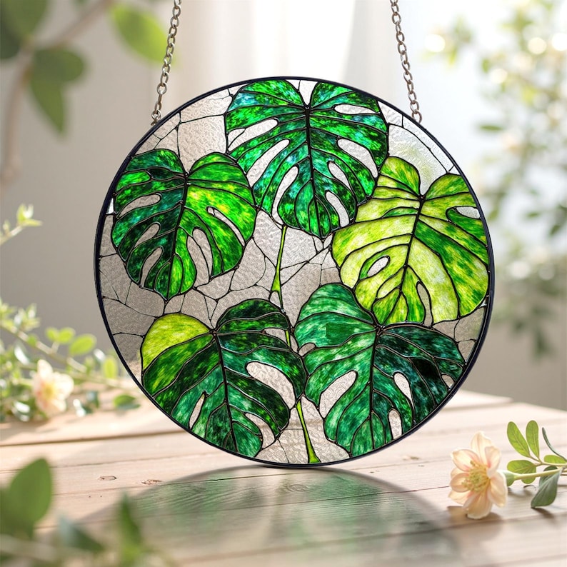 Monstera Plant Stained Glass Suncatcher Set  Tropical Window Decor Plant Mom Gift Light Catching Yard Art Boho Home Decor 1769764932645.jpg