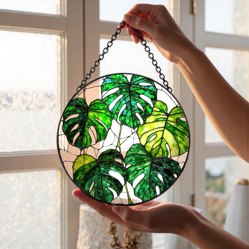 Monstera Plant Stained Glass Suncatcher Set  Tropical Window Decor Plant Mom Gift Light Catching Yard Art Boho Home Decor 1769764932660.jpg