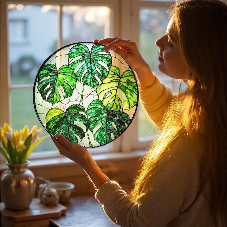 Monstera Plant Stained Glass Suncatcher Set  Tropical Window Decor Plant Mom Gift Light Catching Yard Art Boho Home Decor 1769764932683.jpg