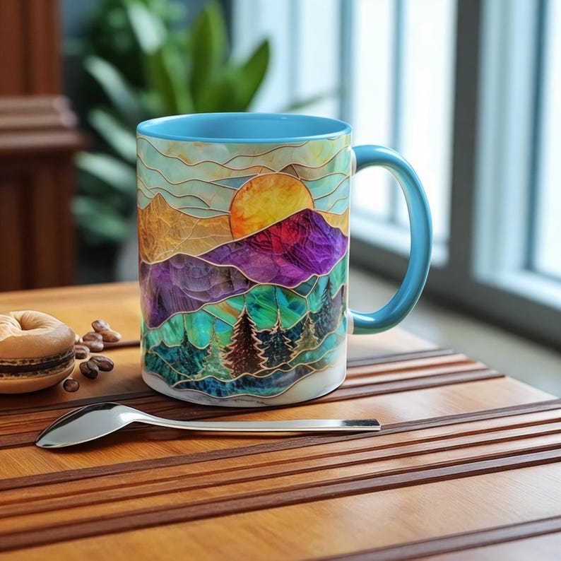 Stained Glass Mountain Mug Watercolor Sunset Ceramic Coffee Cup 11oz Or 15oz 1770603536984.jpg