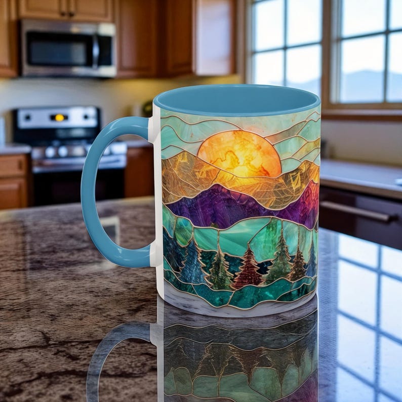 Stained Glass Mountain Mug Watercolor Sunset Ceramic Coffee Cup 11oz Or 15oz 1770603537082.jpg