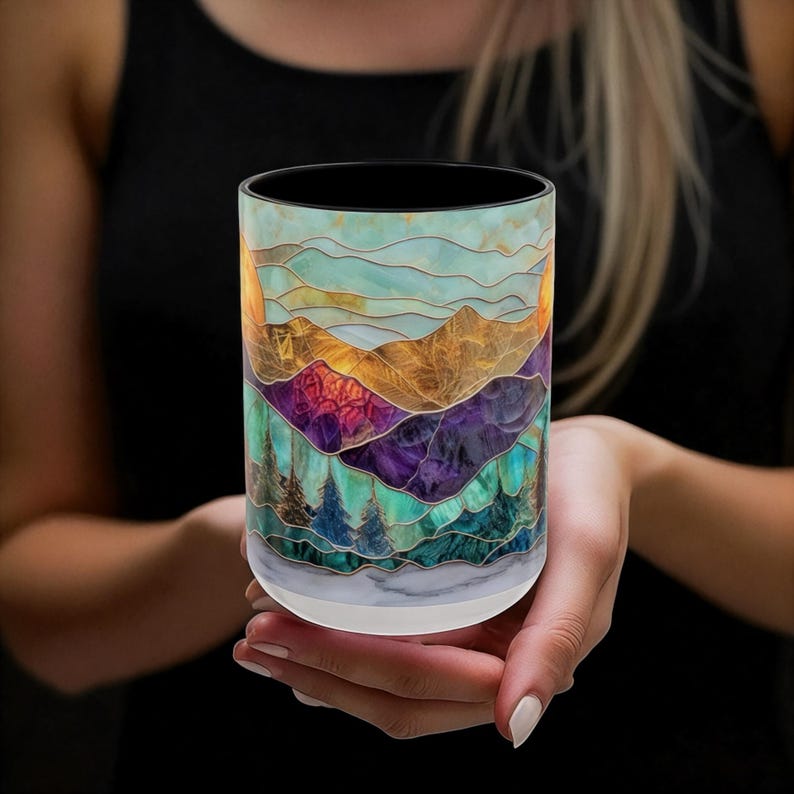 Stained Glass Mountain Mug Watercolor Sunset Ceramic Coffee Cup 11oz Or 15oz 1770603537090.jpg
