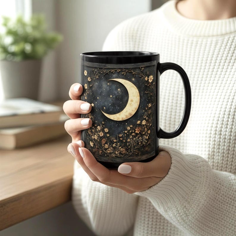 Crescent Moon And Wildflower Mandala Mug Dark Cottagecore Floral Ceramic Cup Witchy  Gothic Botanical Art 15oz Black 1770603753470.jpg