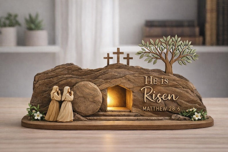 He Is Risen Easte Wooden Block Christian Resurrection Table Sign Religious Home Decor Gift Empty Tomb Cross Wood Shelf 1773128502195.jpg