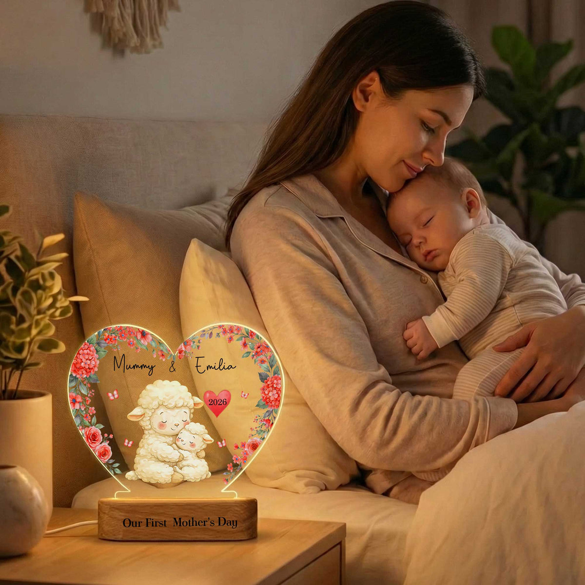 Custom Names Cartoon Animal Mama & Kid Floral Heart LED Night Light, First Mother's Day Acrylic Night Lamp with Wooden Base, Gift for Newborns/New Mom