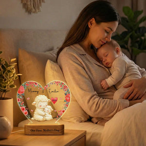 Custom Names Cartoon Animal Mama & Kid Floral Heart LED Night Light, First Mother's Day Acrylic Night Lamp with Wooden Base, Gift for Newborns/New Mom