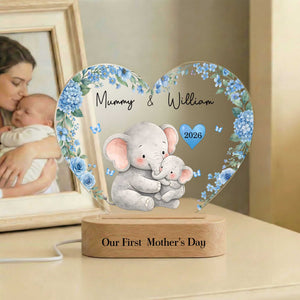 Custom Names Cartoon Animal Mama & Kid Floral Heart LED Night Light, First Mother's Day Acrylic Night Lamp with Wooden Base, Gift for Newborns/New Mom