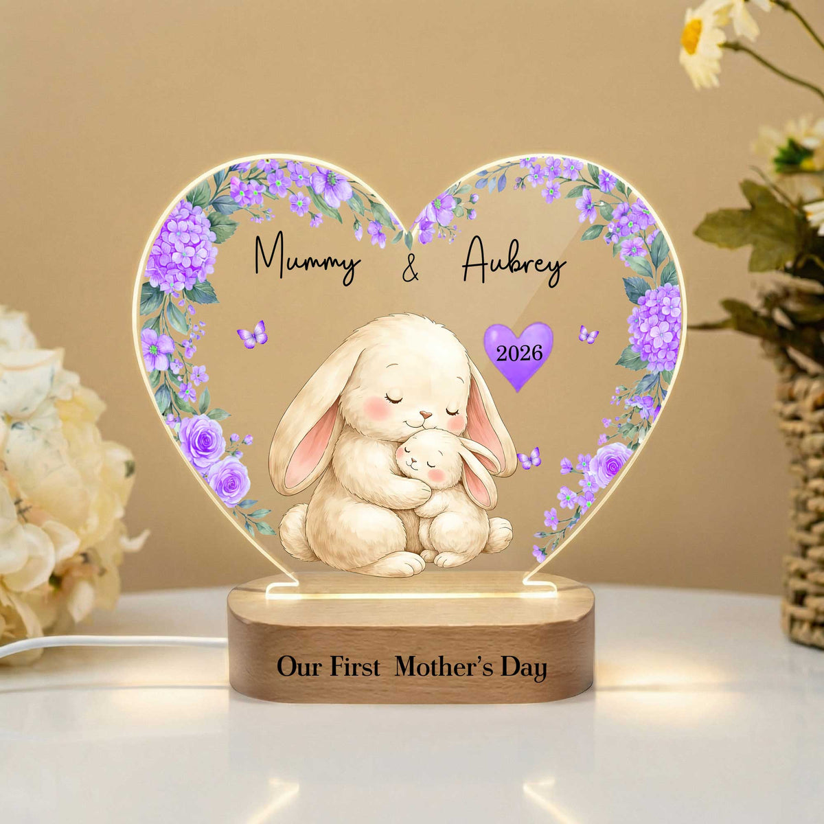 Custom Names Cartoon Animal Mama & Kid Floral Heart LED Night Light, First Mother's Day Acrylic Night Lamp with Wooden Base, Gift for Newborns/New Mom