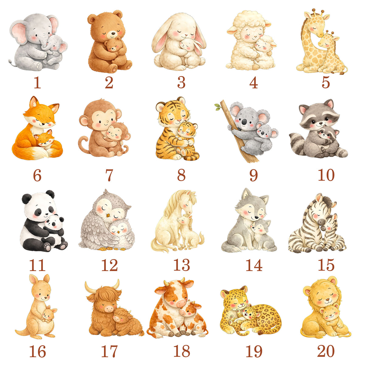 Custom Names Cartoon Animal Mama & Kid Floral Heart LED Night Light, First Mother's Day Acrylic Night Lamp with Wooden Base, Gift for Newborns/New Mom