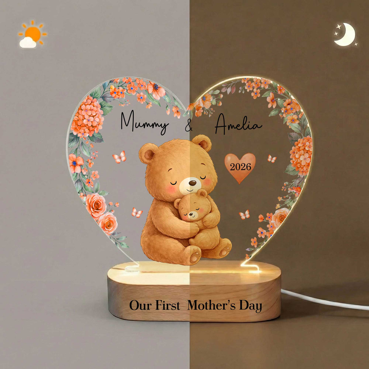 Custom Names Cartoon Animal Mama & Kid Floral Heart LED Night Light, First Mother's Day Acrylic Night Lamp with Wooden Base, Gift for Newborns/New Mom