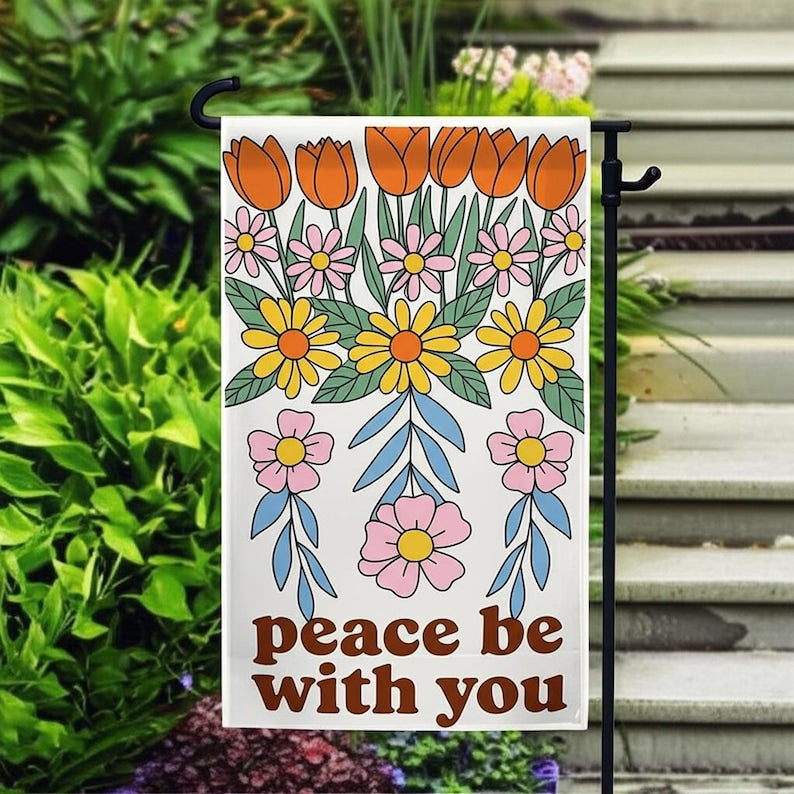 Peace Be With You Garden Flag Retro Flower Yard Banner Hippie Outdoor Sign Colorful Floral Garden Decor Inspirational Flag 1773196639217.jpg