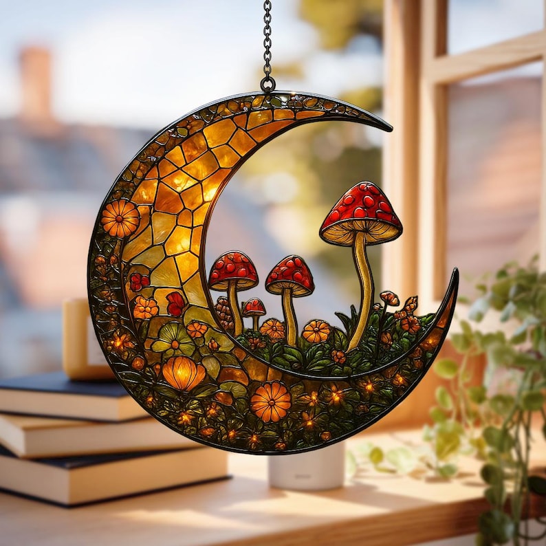 Enchanted Crescent Moon Suncatcher With Mushrooms And Flowers Acrylic Hanging Art For Fairycore Or Cottagecore Room Decor 1773219643762.jpg