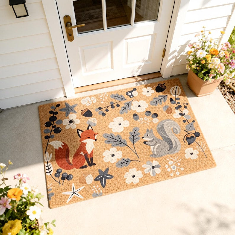 Wildflower Doormat Fox Welcome Mat Squirrel Mat Rustic Woodland Animal Entry Mat Floral Front Doormat Flower Floor Mat Outdoor Porch Mat 1773808785414.jpg