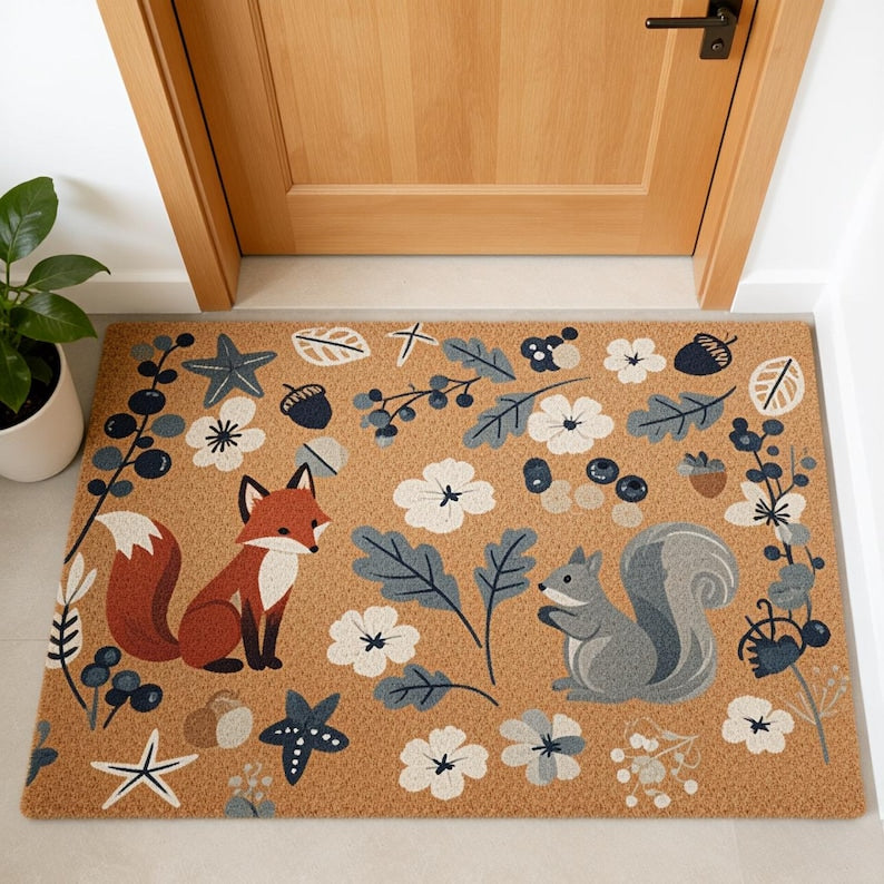 Wildflower Doormat Fox Welcome Mat Squirrel Mat Rustic Woodland Animal Entry Mat Floral Front Doormat Flower Floor Mat Outdoor Porch Mat 1773808785429.jpg