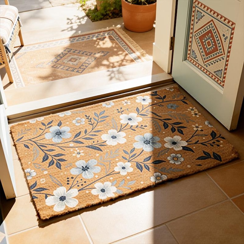 Blue Floral Doormat Modern Farmhouse Welcome Mat Coastal Entryway Mat Blue Flower Coir Mat New Home Gift Front Porch Decor Boho Home Decor 1773808997928.jpg