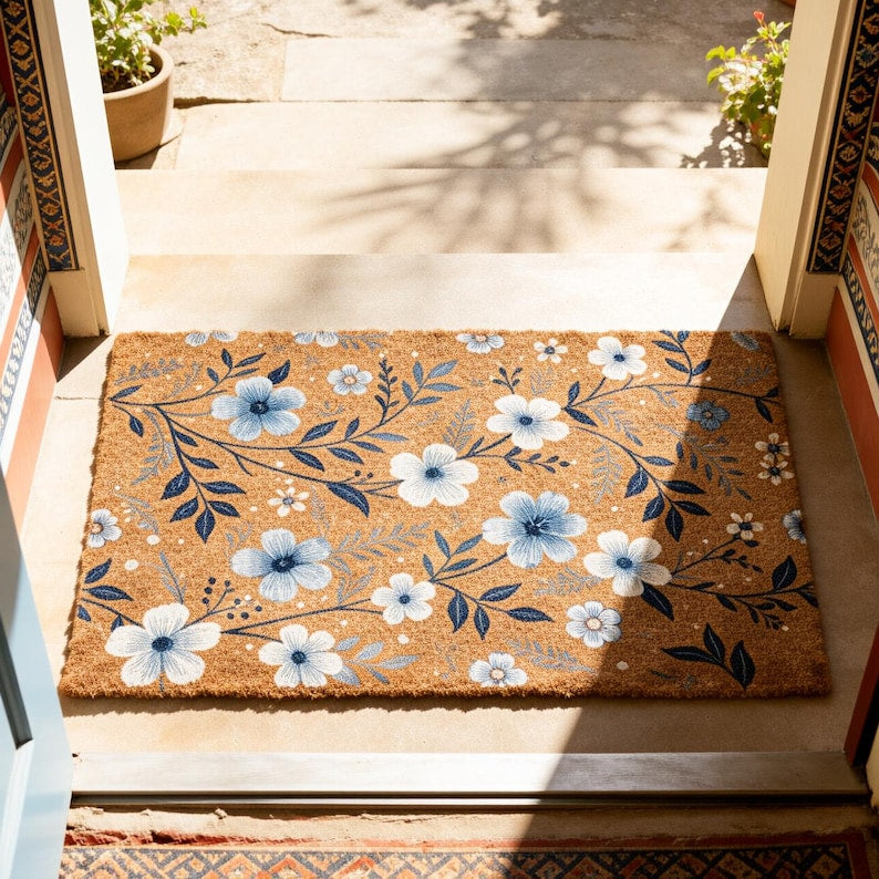 Blue Floral Doormat Modern Farmhouse Welcome Mat Coastal Entryway Mat Blue Flower Coir Mat New Home Gift Front Porch Decor Boho Home Decor 1773808997935.jpg