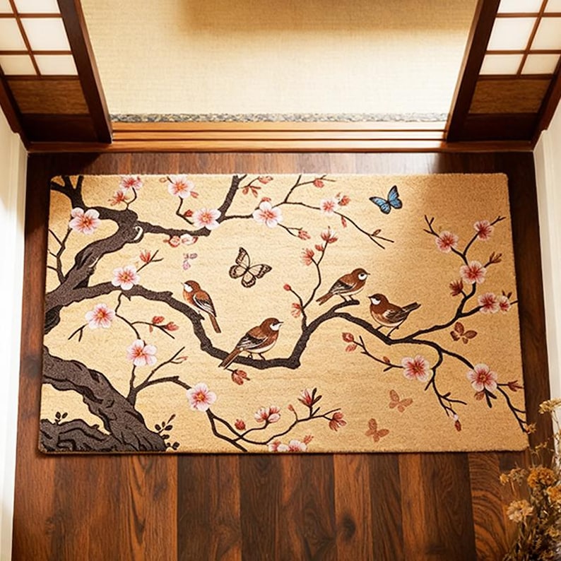 Japanese Cherry Blossom Bird Coir Mat Zen Garden Welcome Mat Spring Floral Welcome Mat Housewarming Gift Non Slip Indoor Entryway Mat 1773809341674.jpg