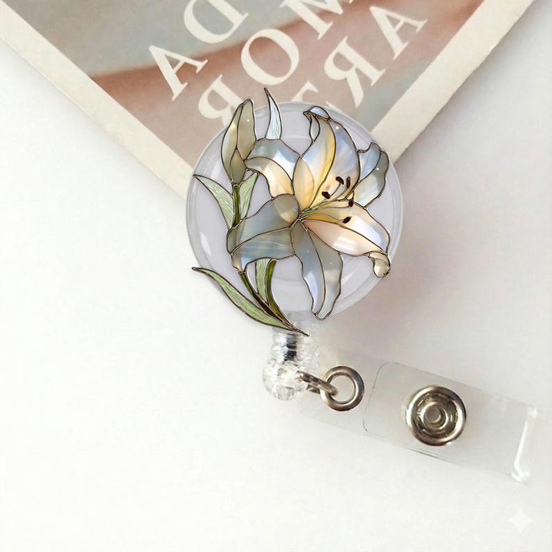 White Lily Flower Retractable Badge Reel For Nurses Floral Id Name Tag Holder For Teachers Cute Botanical Work Office Gift For Women 1773893145424.jpg