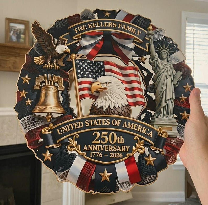 Personalized 250th Anniversary Wood Wreath 1776 2026 Patriotic Door Sign Semiquincentennial Family Name Decor 1773909778616.jpg