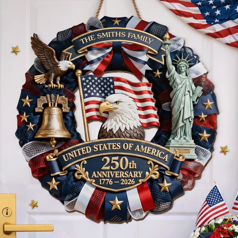 Personalized 250th Anniversary Wood Wreath 1776 2026 Patriotic Door Sign Semiquincentennial Family Name Decor 1773909778832.jpg