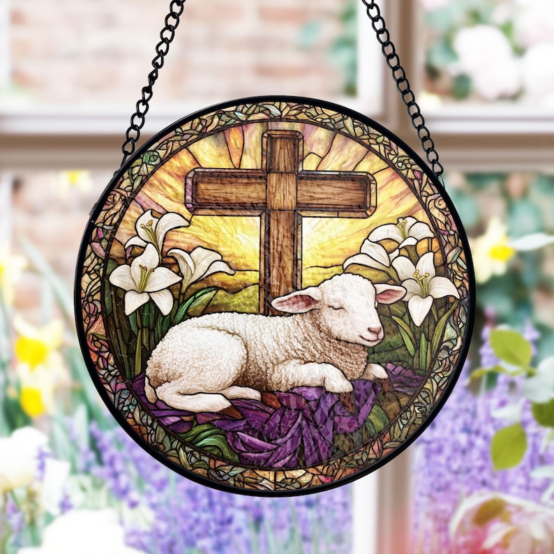 Easter Cross And Lamb Stained Glass Suncatcher Inspirational Christian Decor Religious Stained Glass Art Easter Gift Idea 1773974338146.jpg