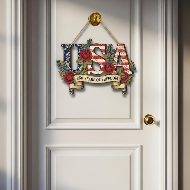 Usa 250th Anniversary Wooden Sign Patriotic Door Hanging Decor American Flag Floral Wall Sign 1773991929996.jpg