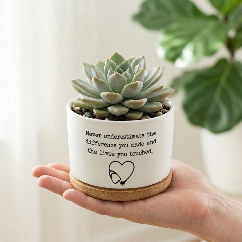 Ceramic Succulent Planter With Stethoscope Quote White Mini Pot With Wooden Saucer Nurse Appreciation Gift Medical Graduation Gift 1774406118997.jpg