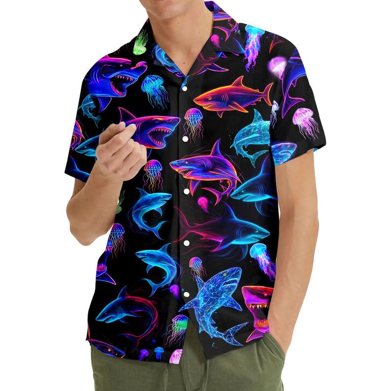 Neon Shark Hawaiian Shirt For Men Women Youth Shark Aloha Shirt Short Sleeve Button Down Cyberpunk Jellyfish Nautical Shirt 1774512013517.jpg