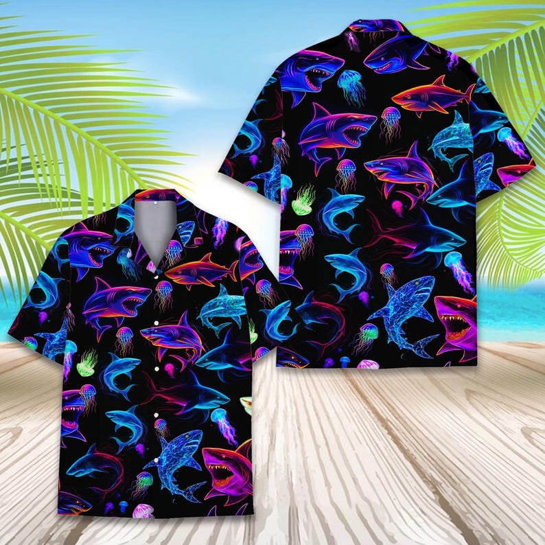 Neon Shark Hawaiian Shirt For Men Women Youth Shark Aloha Shirt Short Sleeve Button Down Cyberpunk Jellyfish Nautical Shirt 1774512013755.jpg