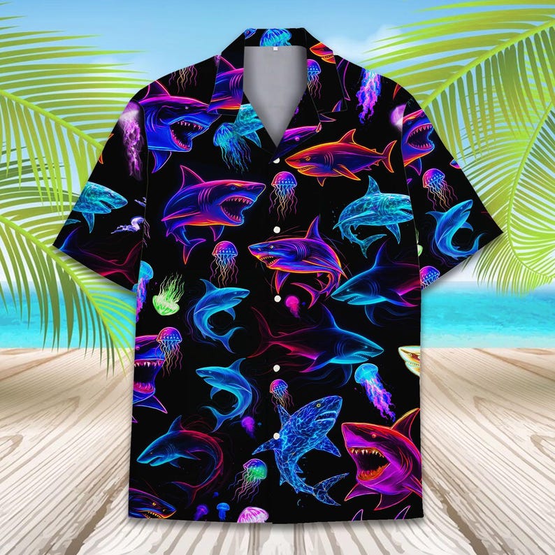 Neon Shark Hawaiian Shirt For Men Women Youth Shark Aloha Shirt Short Sleeve Button Down Cyberpunk Jellyfish Nautical Shirt 1774512013926.jpg