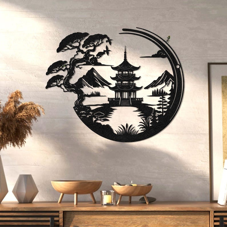 Japanese Pagoda Metal Wall Art Zen Asian Decorbonsai Tree Landscapemeditation Room Artyoga Studiojapanese Artoriental Decortemple Art 1774663257692.jpg