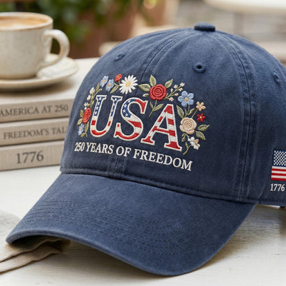 Usa 250th Anniversary Floral Hat Patriotic Botanical American Flag Hat 1776 2026 Freedom Celebration Hat Retro Usa 250 Hat Usa Hat 1777434971979.jpg