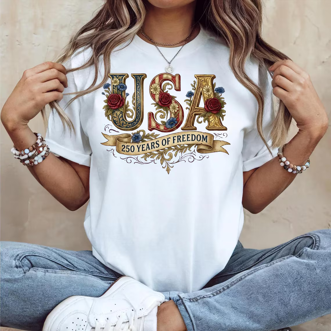 Retro Usa 250 Shirt Floral Patriotic Tshirt Independence Day Celebration 1779769928040.png