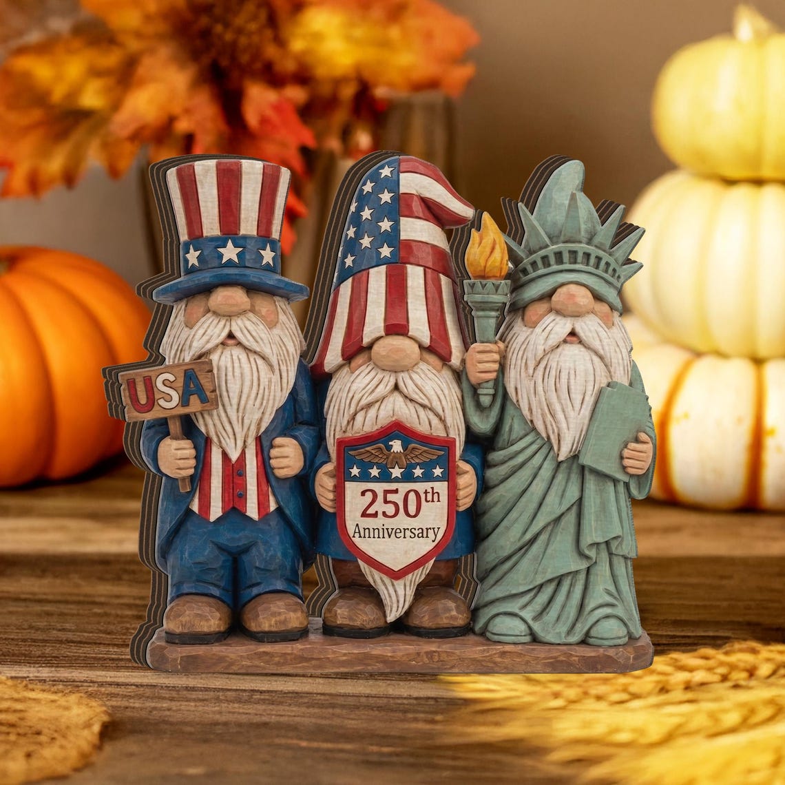 250th Anniversary Patriotic Gnomes Figurine Plaque Usa 250 Years Commemorative Wood Block 1780026324604.jpg