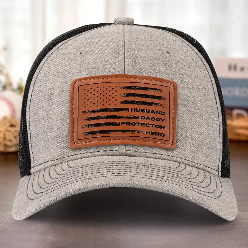 Husband Daddy Protector Hero   Personalized Leather Label Net Hat   Gift For Father Papa Fathers Day Gift 1780460000460.jpg