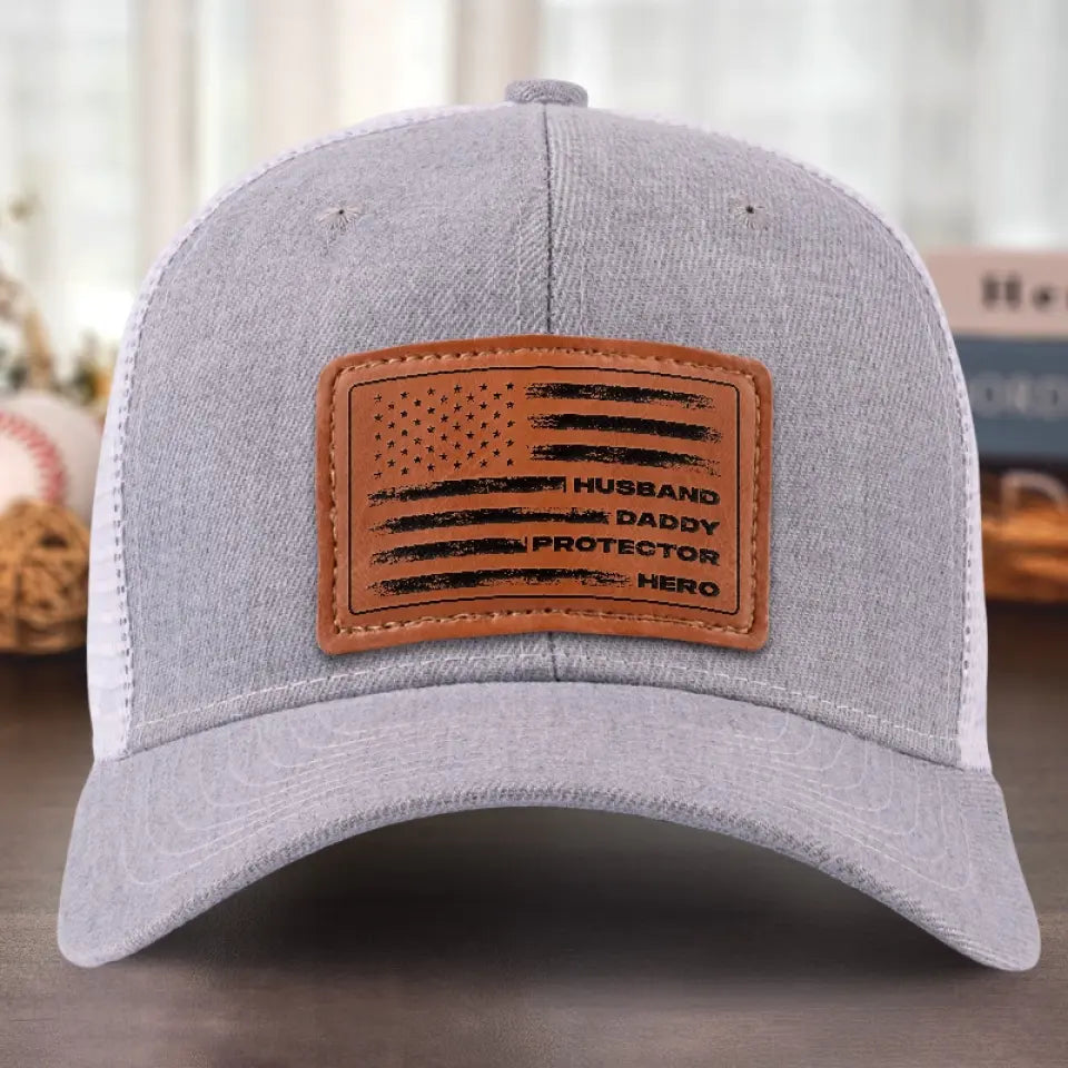 Husband Daddy Protector Hero   Personalized Leather Label Net Hat   Gift For Father Papa Fathers Day Gift 1780460000466.jpg